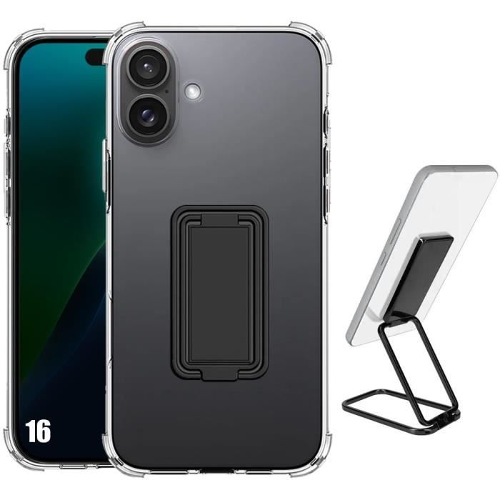 Coque pour iPhone 16, Silicone Transparent Antichoc Coins Renforcés avec Support Noir Pliable