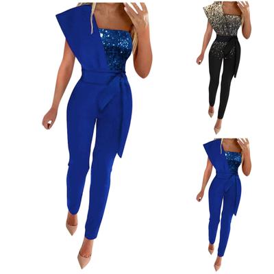 Women's Solid Color Sleeveless With Belt Jumpsuit Slim Splicing Sequins Jumpsuit