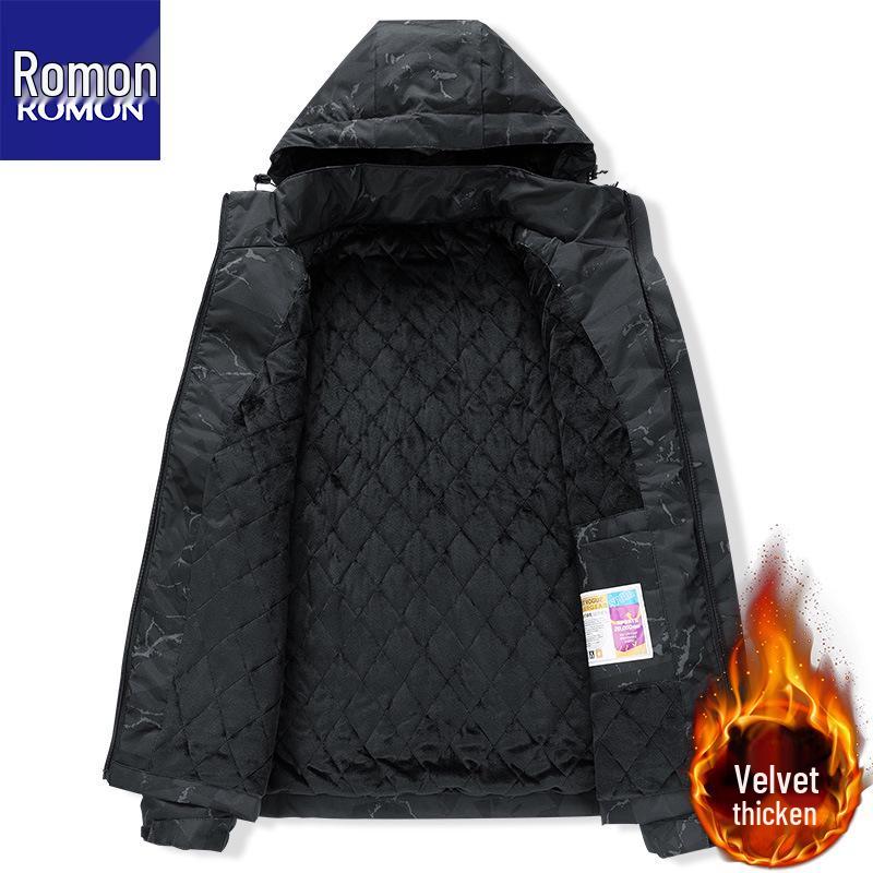 Romon Herren Camouflage Fleecegefütterter Kapuzen-Wasserabweisender Windbreaker Parka
