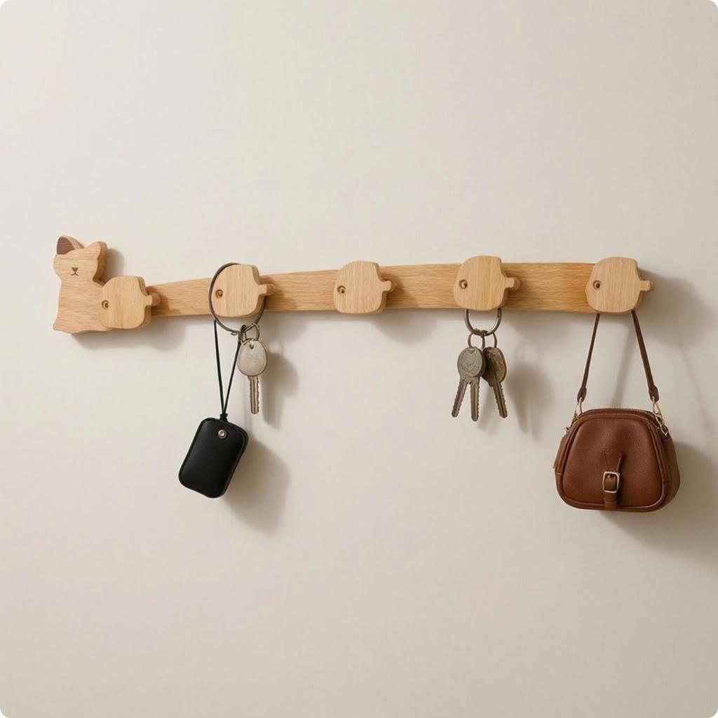 Cat-Shaped Wall-Mounted Coat Hook Rack Versatile Wooden Wall