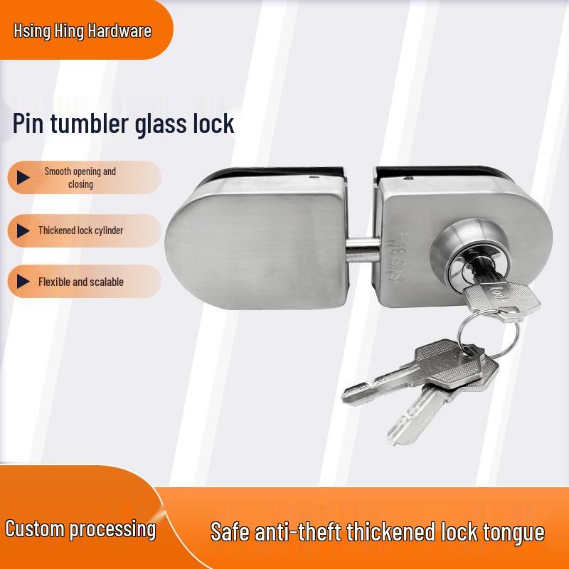 304 Stainless Steel Frameless Glass Door Bolt Lock for Single/Double Doors, No-Drill Padlock