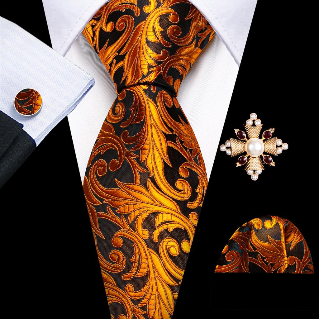 Pearl Brooch with Silk Tie for Men Vintage Floral Teal Necktie Hanky Cufflinks Gift Formal Set