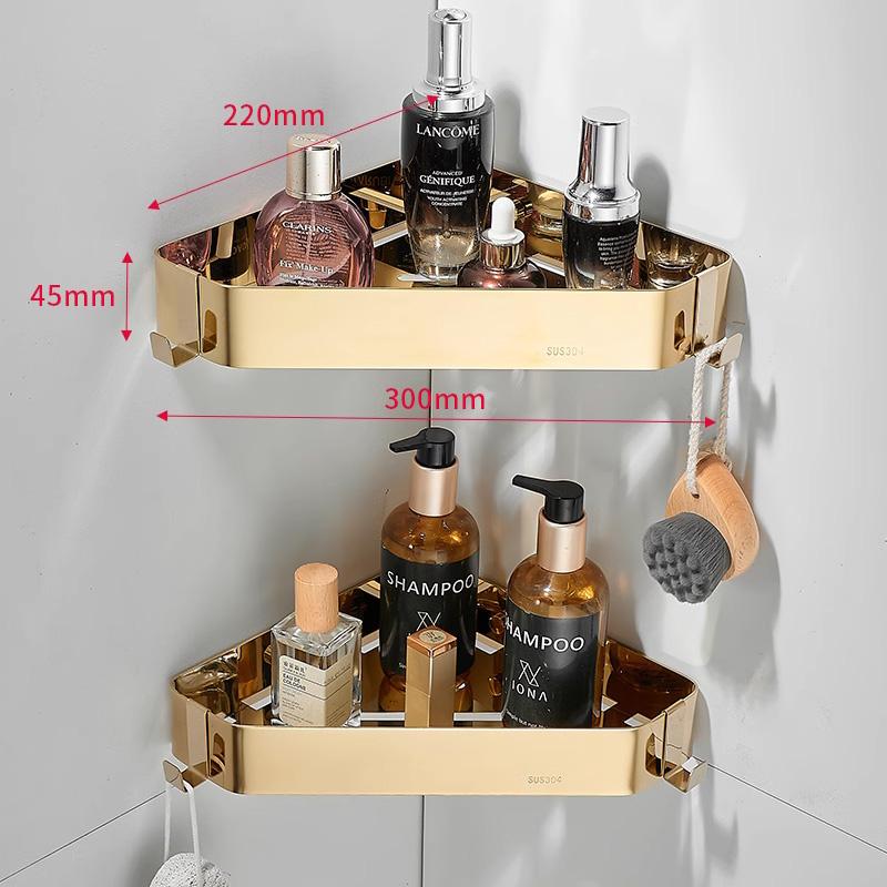 Gold bathroom tripod 304 stainless steel bathroom wall hanging corner storage rack toilet corner storage basket bathroom shelf