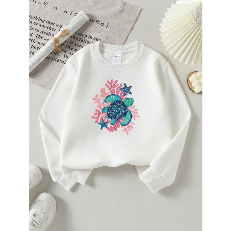 European Sizes Girls' Long-Sleeve Round Neck Sweatshirt "Sea Turtle Coral" Print, Spring/Autumn, Casual, Daily & Sports.