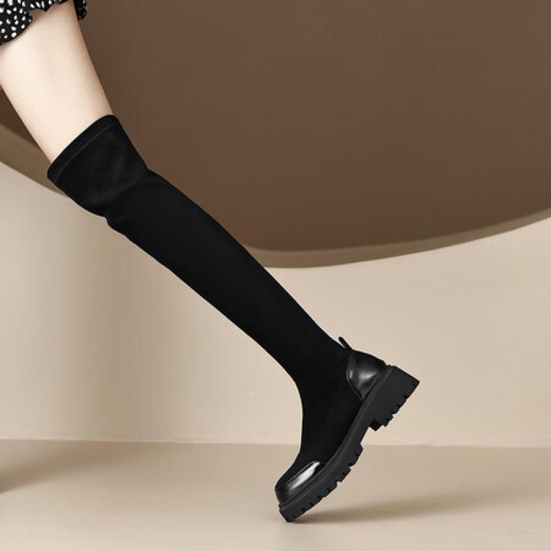 Autumn and winter women's thick-soled over-knee boots round head medium heel large size leather boots sleeve suede boots Korean version M