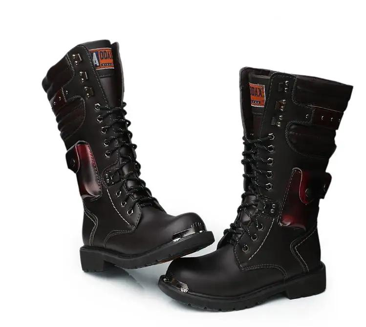 Fashion Size 37 46 Men's Leather Motorcycle Boots Mid-calf Military Combat Boots Gothic Belt Punk Boots Men Shoes Tactical Army Boot