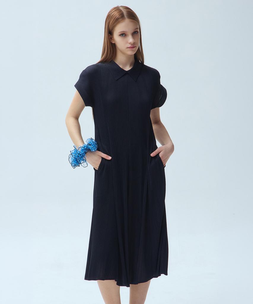 Waiowai Mini Collar Short Sleeve Pleated Long Dress_2 Colors