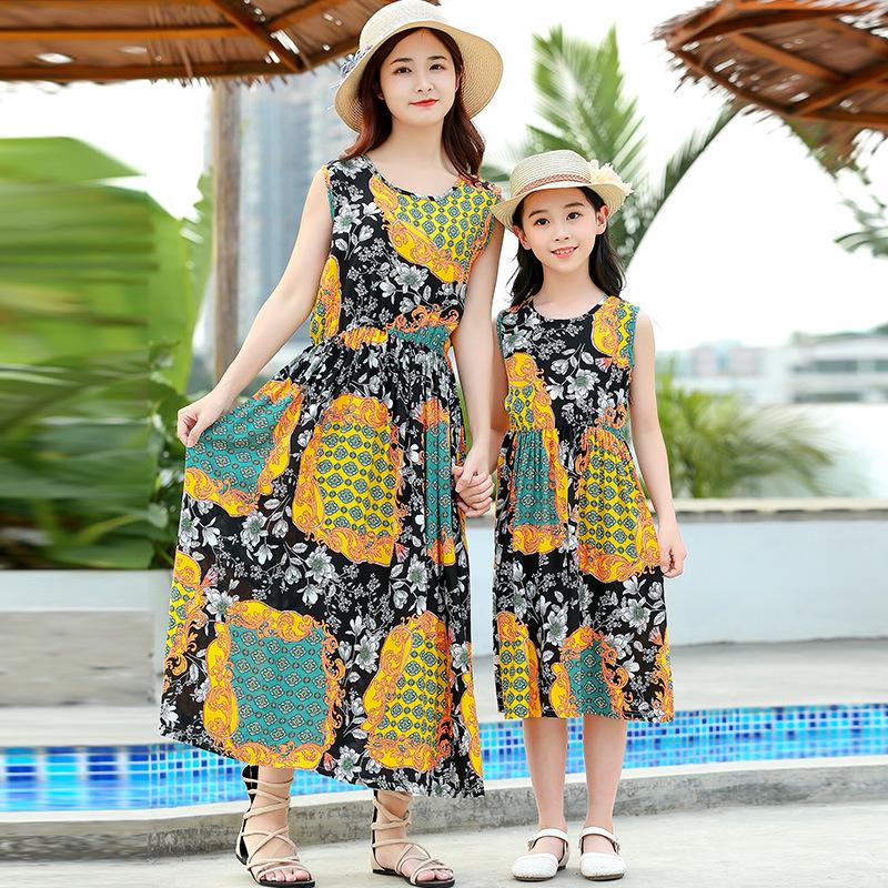 Children's Cotton Dress Summer Dress Family Foreign Style Floral Princess Dress Girls Beach Strap Dress