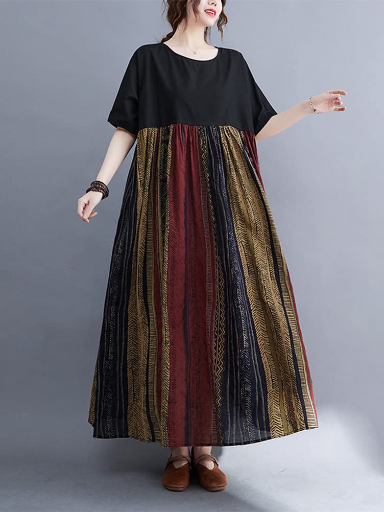 Minesam Summer Floral Print Short Sleeves Free Women's Dress, Two-Tone Design, Oversized, (01 Coffee, Size)