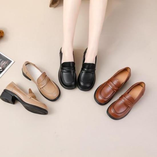 Cowhide Loafers Women's Shoes Genuine Leather Low Top Thick Heel Medium Heel Soft Sole Round Head Comfortable and Versatile Casual Office