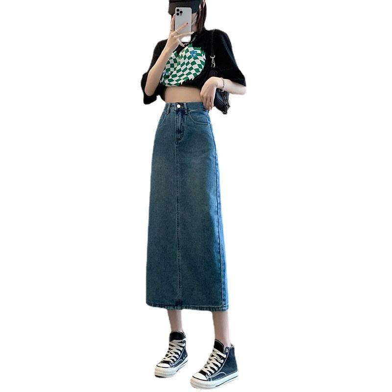 Denim Skirt Waterwash A Line Midi Skirt With Side Slit For Casual Women