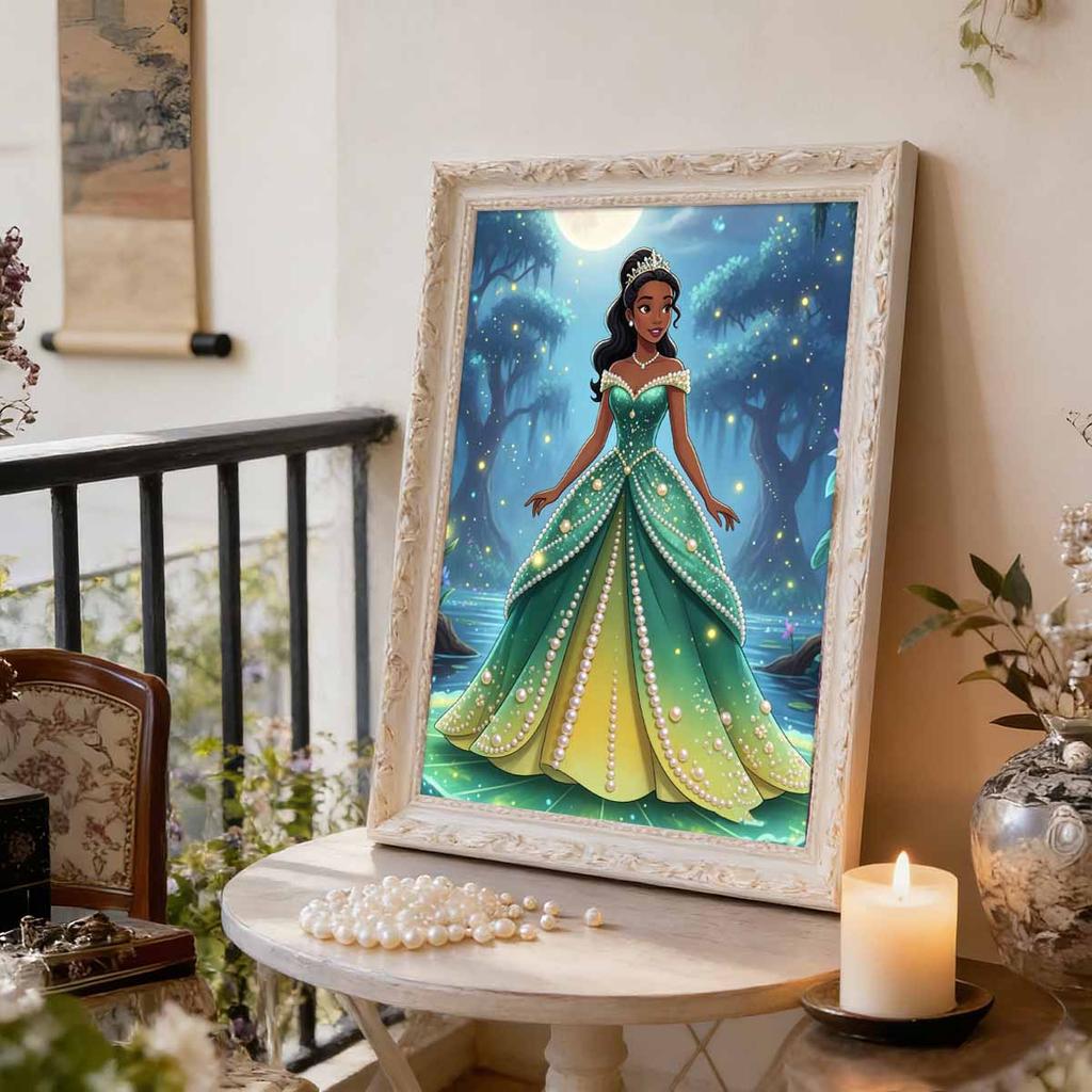 Disney Pearl Painting Princess Tiana Green Gold Gradient Skirt Creative 5D Exquisite Landscape Sparkling Craft Home Wall Decor DIY Handmade Gift