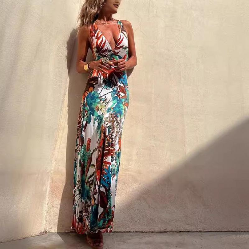 2023 European & American Sexy Print Spaghetti Strap Vacation Dress for Women