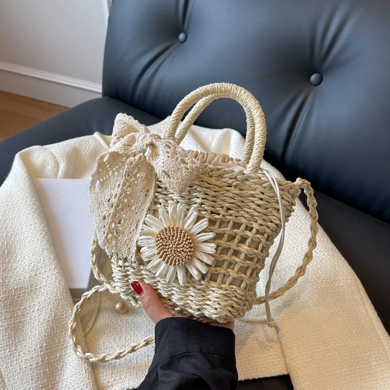 Weave Lace Bow Handbag Dacron Square Shape Straw Weave Bag Small Bucket Tote Bag