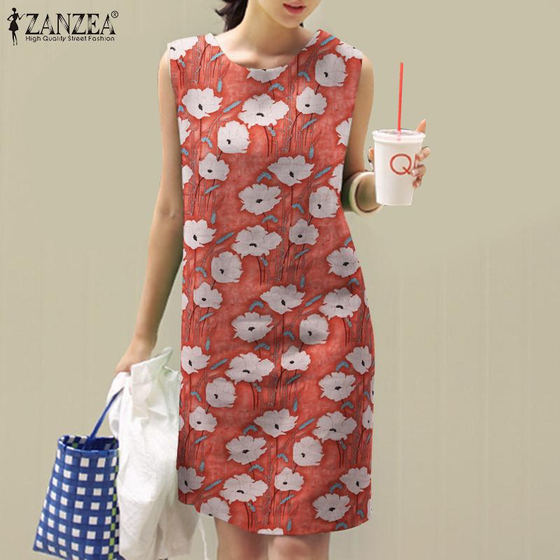 

ZANZEA Женское повседневное летнее платье без рукавов с цветочным принтом и круглым вырезом
