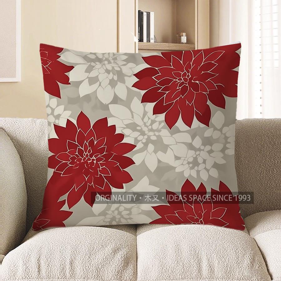 Home Decor Red & Gray Floral Pattern Decorative Pillow Cover Pattern Cushion Cover Suitable for Sofa Bedroom Car Pillow Cover
