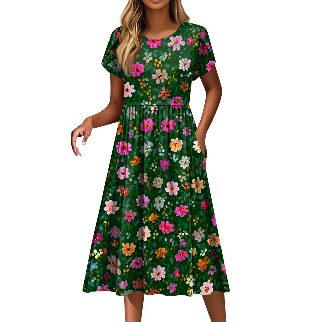 Women's Fashion Casual Loose Floral Print Round Neck Pocket Short Sleeve Dress