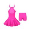 Girls Latin Dance Dress Rhinestone Hollow Back Design with Elastic Shorts and Tassel Earrings