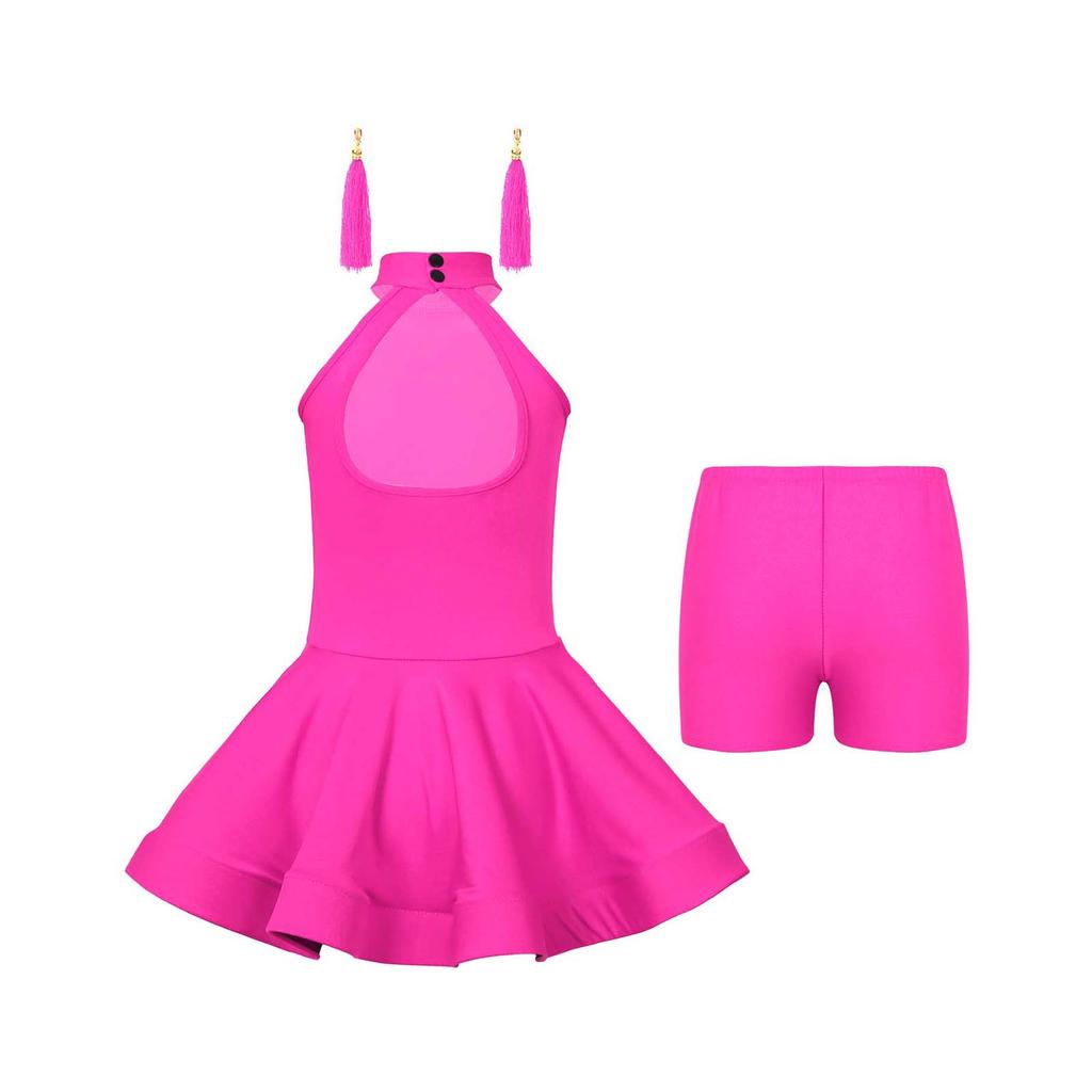 Girls Latin Dance Dress Rhinestone Hollow Back Design with Elastic Shorts and Tassel Earrings