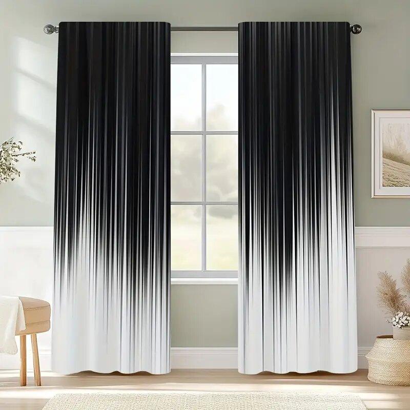 Gradient Stripes Black White Print Curtains Pole Bag Home Decoration Room Set Of 2 Made Polyester