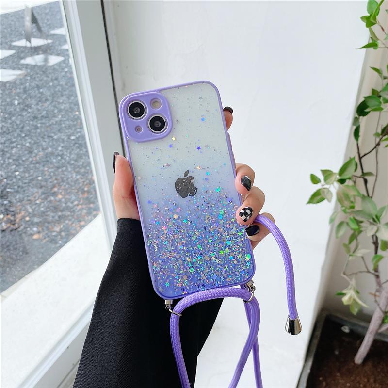 New Glitter Sequins Gradient Clear Necklace Strap Lanyard Phone Case For iPhone17 16 13 12 11 Pro Max14 15 Plus Soft Cover