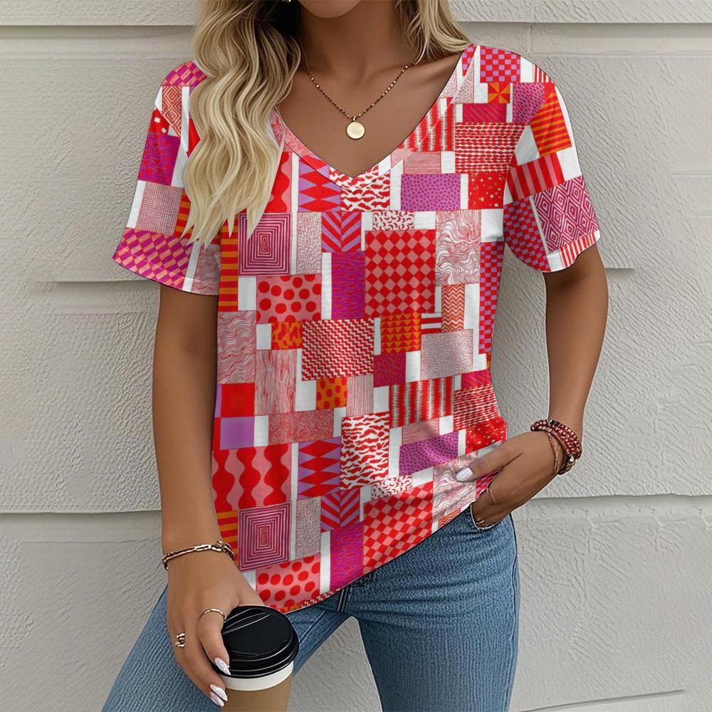 

Summer retro women s T-shirt casual plaid pattern printed V-neck short sleeve XL