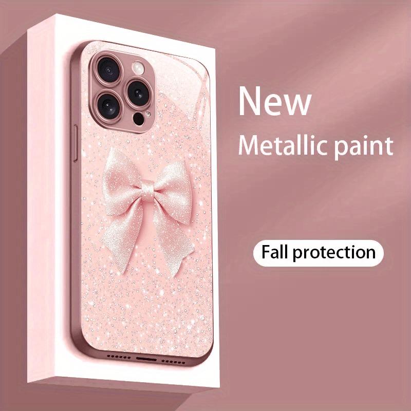 White Dot Pink Bow Pattern Pink Metal Tempered Glass Phone Case For iPhone 17 16 15 14 13 12 11 Pro Max 15 Plus 17 Air 16E Cover
