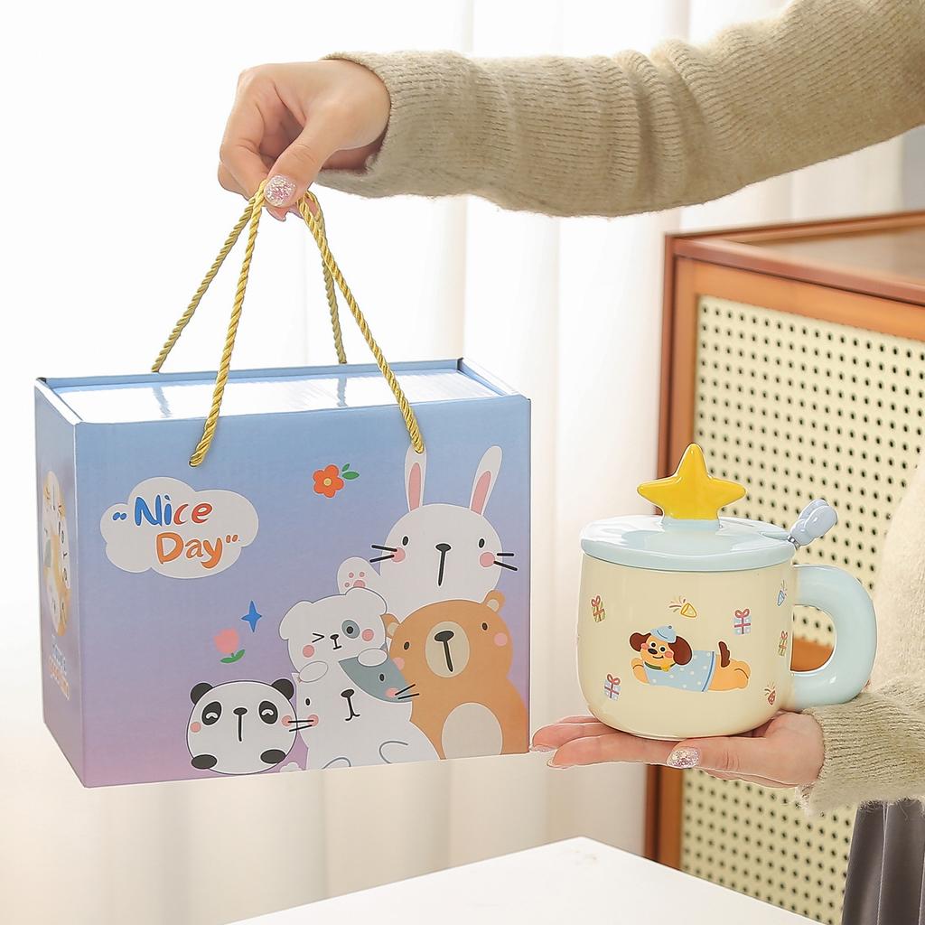 Cute Puppy Ceramic Mug with Lid Spoon, High Appearance Water Cup, Home Breakfast Cup, Girl's Souvenir
