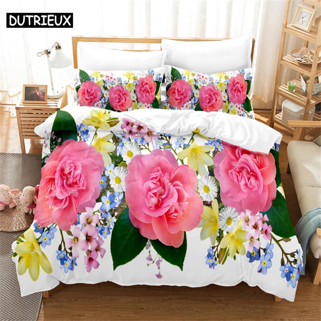 Pink Rose Queen Bedding Set Boys Girls Duvet Cover Bedroom Bed Set Comforter Cover Set King Size Duvet Cover Set Bedding Sets