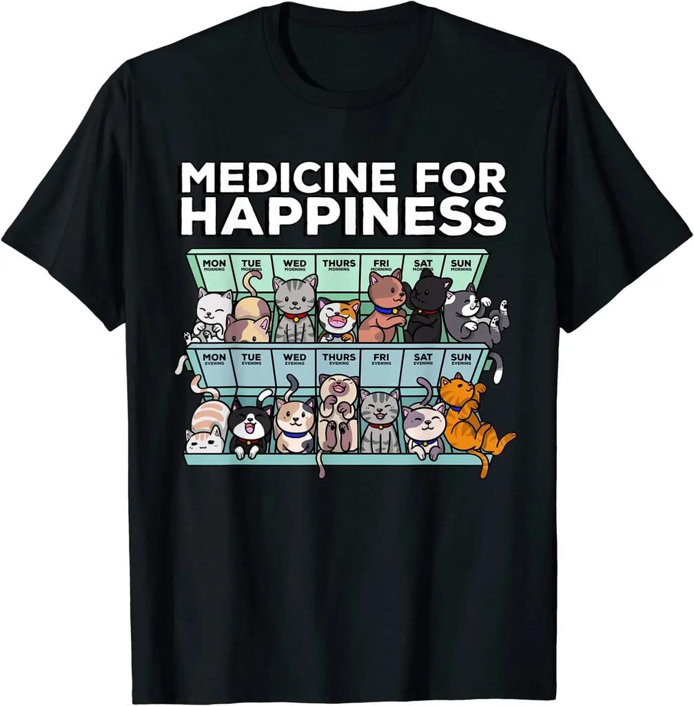 My Medicine for Happiness Called Cats Every Day Kitten Cat T-Shirt Four Seasons Daily Cotton Casual Oversized T Shirt Tees
