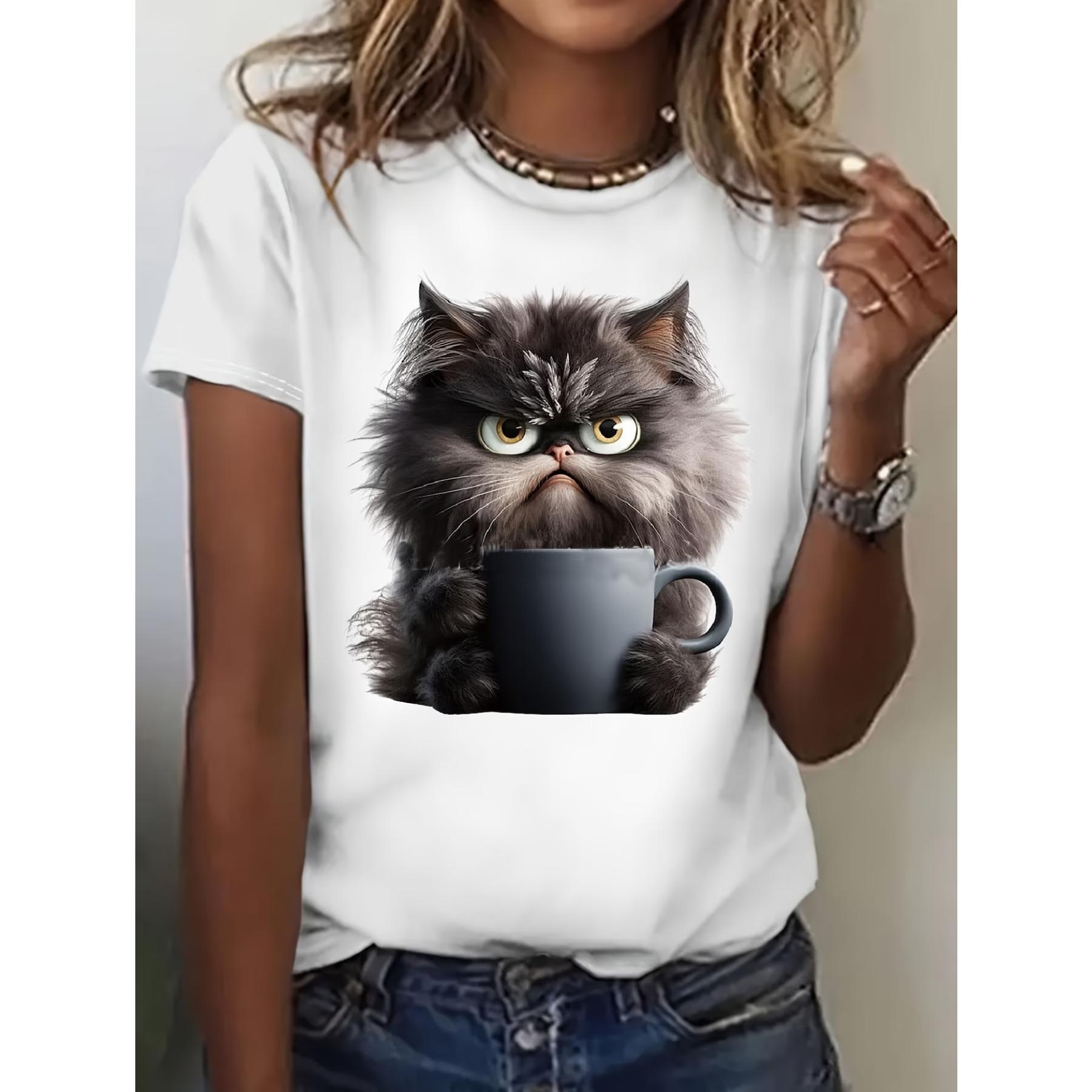 

Cat Print T-shirt, Short Sleeve Crew Neck Casual Top for Summer & Spring, Women s Clothing XXL білий