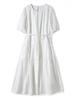 Women's White Cotton Linen Puff Sleeve Belted Midi Dress