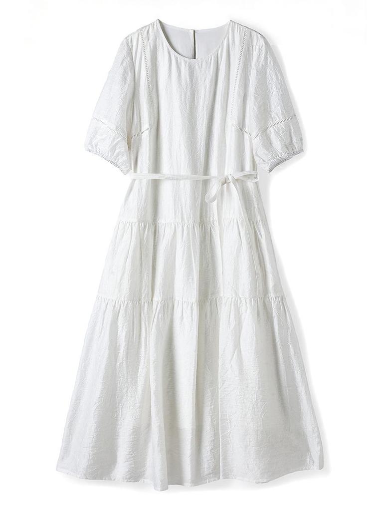 Women's White Cotton Linen Puff Sleeve Belted Midi Dress
