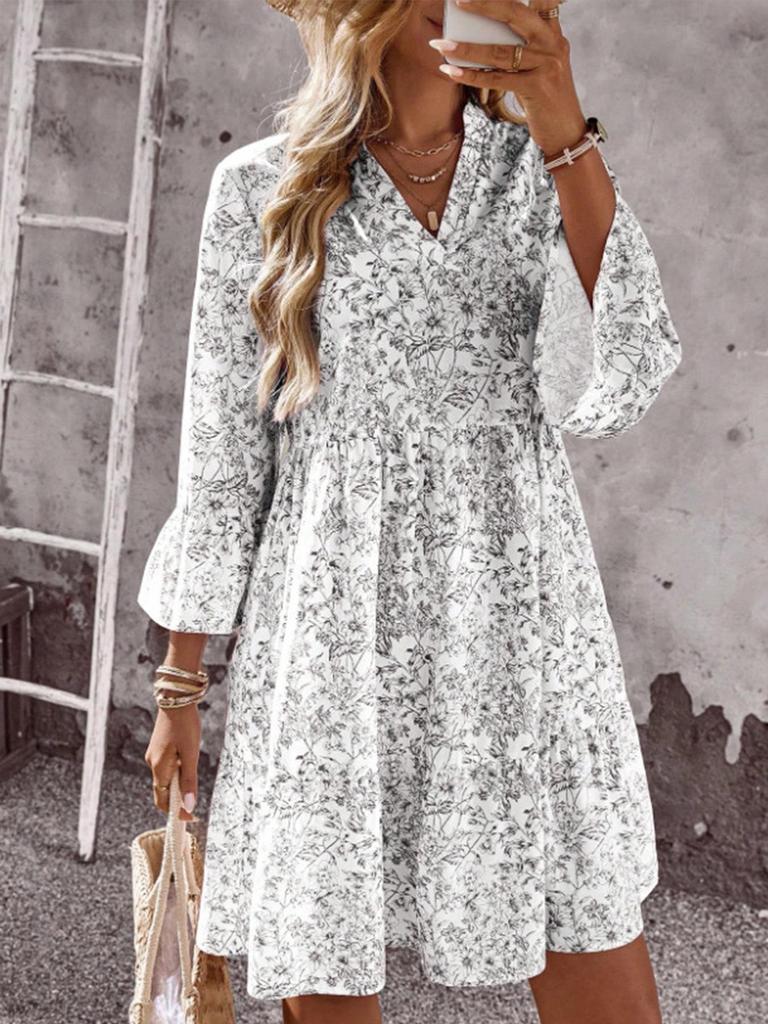 European & American Style Floral Bell Sleeve V-neck Midi Dress for Women