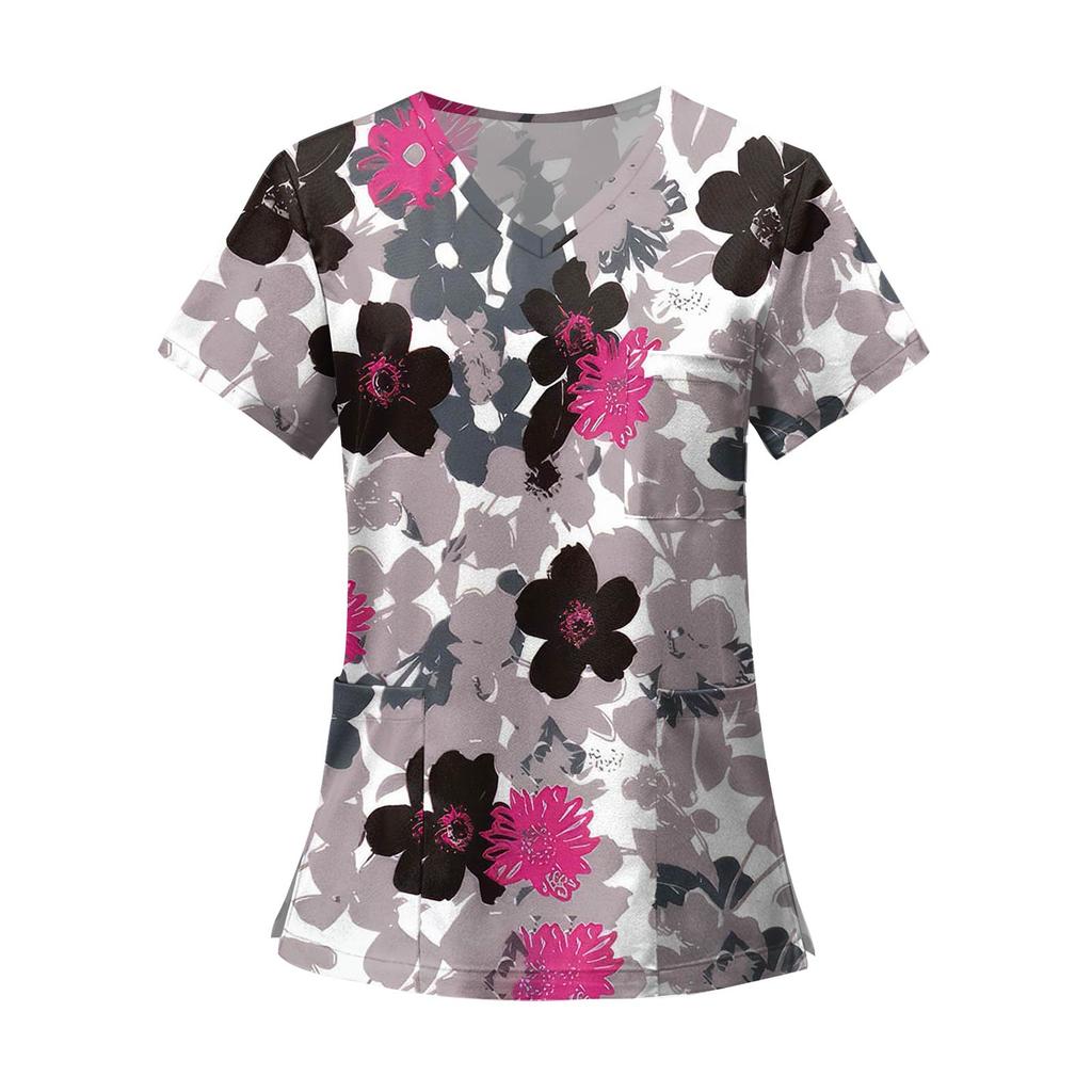 Women's Fashion Printed Short Sleeve V Neck Pattern Tops Pocket Working T-shirts