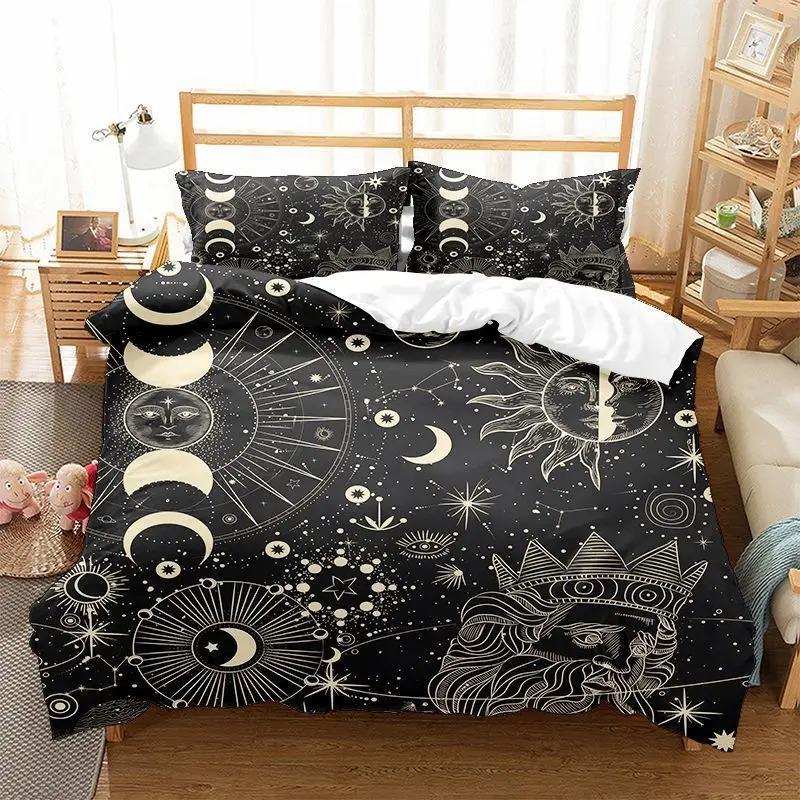 Sonne Mond Bettbezug KingQueen Größe, Galaxie Boho Exotisches Bettwäscheset Schwarz Gold Astrologie Himmlisch Polyester Steppdecke