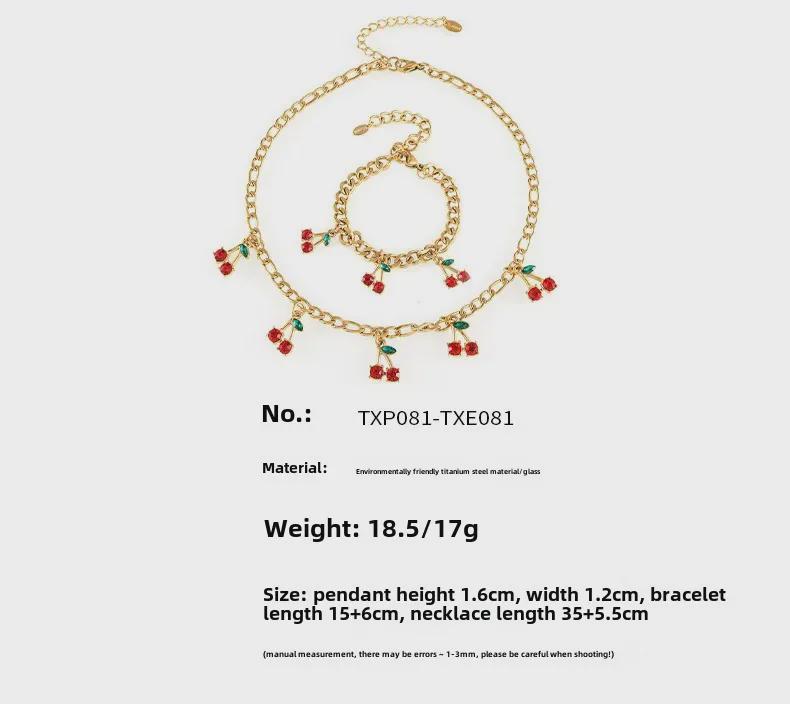 Szykowny zestaw biżuterii z czerwonymi czereśniami: Szklany Kamień Naszyjnik i Bransoletka
