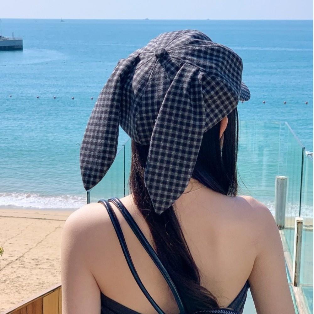 Korean Style Rabbit Ears Octagonal Hat Big Head Circumference Women Artist Hat Plaid Beret  Ladies