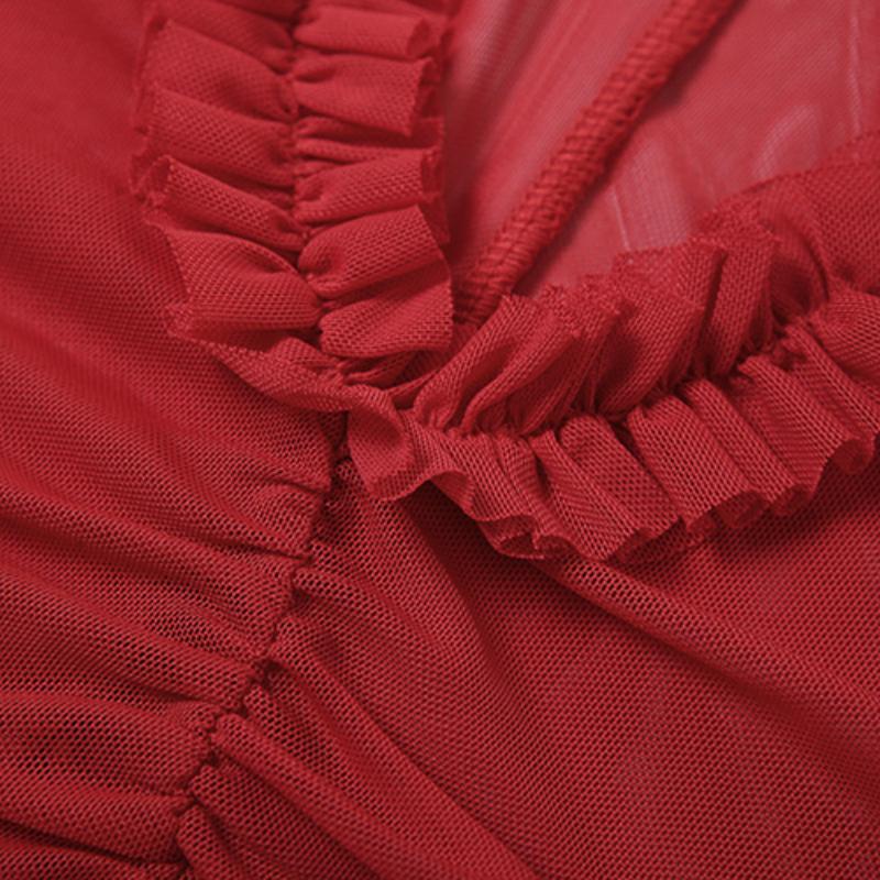 Weird Mesh Ruffles Women New Prom Dress Hollow See Through Irregular Side Split Outfit Folds Skinny Sexy Elastic Pretty Mini Midnight Clothing