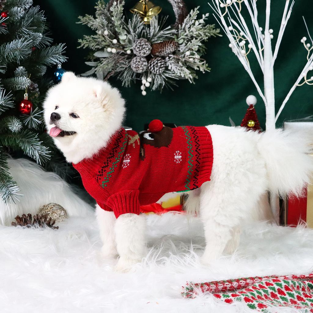 Small Dog Sweater Pet Elk Christmas Sweater Clothes with Fuzzy Pompom for Dogs Cat Pet for Winter Christmas Holiday Breathable S