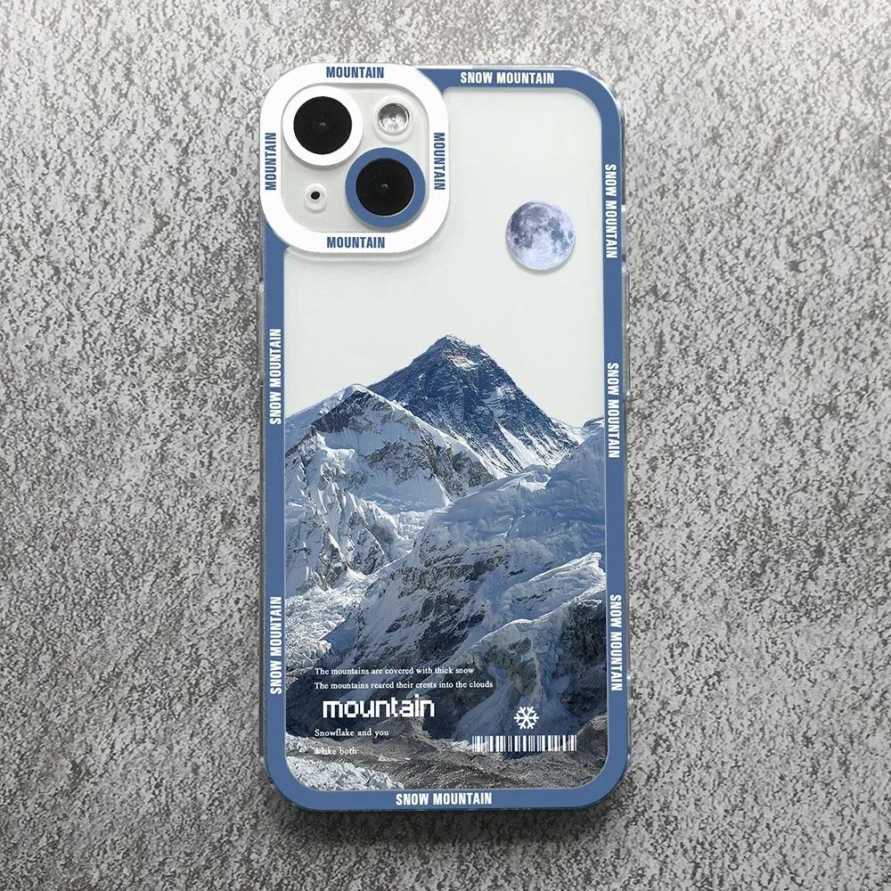 

Nature Aesthetic Snow Mountain Transparent Phone Case For iPhone 13 15 16 14 12 11 Pro Max Plus Mini X XR 7 8 SE Soft Cover Skin iPhone 12Mini