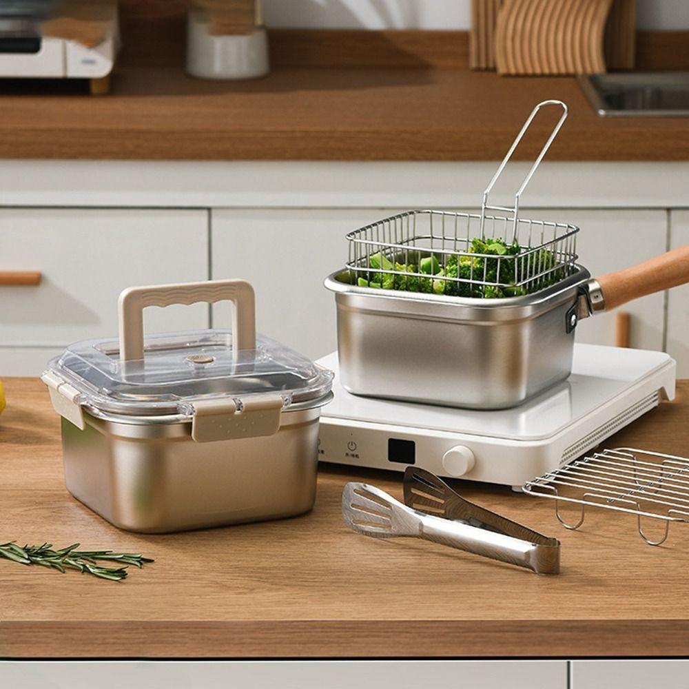 Durable Stainless Steel Frying Pan Square Shape with Basket Cooking Pot Non-Stick Camping Cookware Set Camping