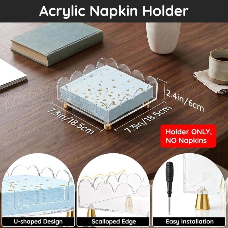 Acrylic Table Napkin Holder for Dining Table, Coffee Table, or Breakroom Table, Clear Direct Access Tray with Raised Base Profile Indoors