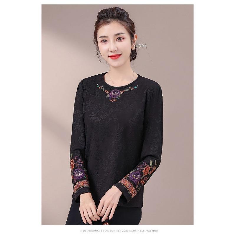 Autumn Winter Bottoming Shirt Plus Velvet Retro Embroidered Ethnic Style T-shirt, Round Neck Versatile and Elegant Top for Women