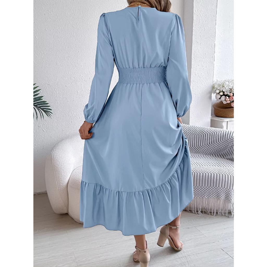 Autumn and Winter Casual Elegant Solid Color Round Neck Long Sleeved Waist Cinched Lotus Leaf Edge Dress Women Clothing