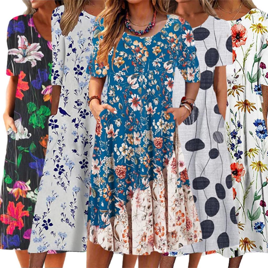 Women's Round Neck Three Quarter Sleeve Midi Dress Loose Fit Loose Waist Casual Floral Print Pocket Sundress