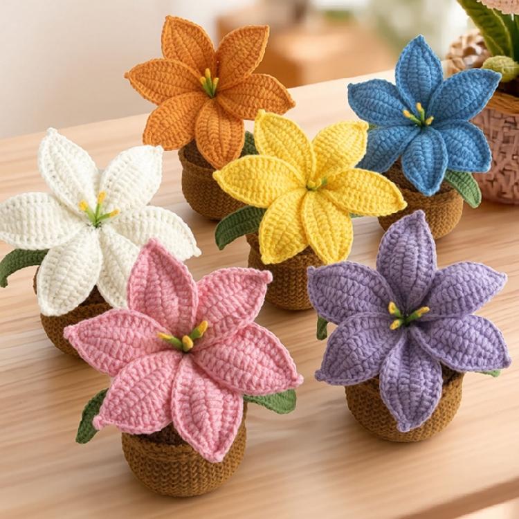 Crocheted Lilies Potted Plant Home Decors Artificial Knitted Flower Pot Ornament for Mother Day Teacher Appreciation Gift