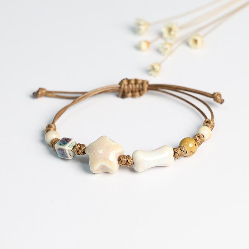 Kaseakia Handmade Vintage Ceramic Stone Beads Wax Cord Adjustable Beaded Bracelets Bohemian Boho Jewelry for Women