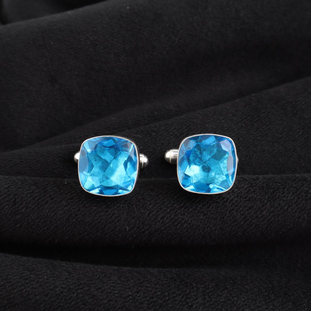 Swiss Blue Topaz Gemstone 925 Sterling Silver Men's Suit Cufflink 1" Handmade Jewelry Gift For Husband CL-9-10