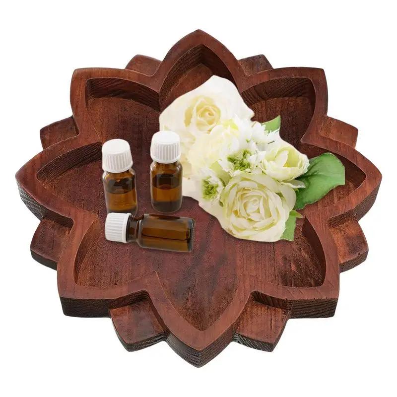 Wooden Lotus Tray Lotus Shape Crystal Stone Holder Crystal Display Tray with Bottom Non-Slip Pad for Aromatherapy Oils Jewelry